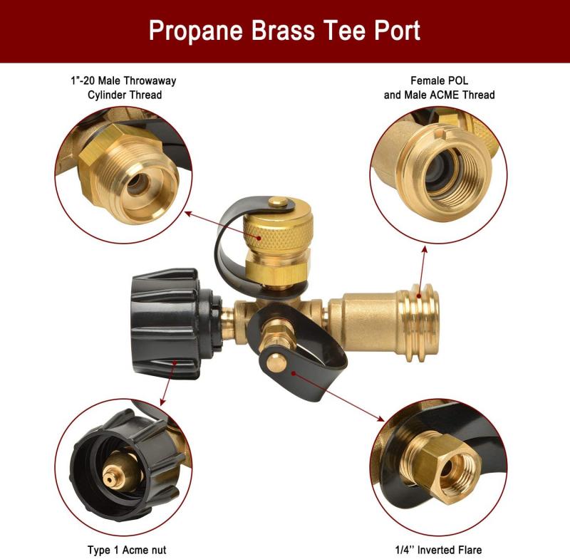 Propane Gas 4 Port Tee with Gauge Solid Brass SHINESTAR Propane Brass Tee with 4 Port Adapter for RV and Motorhome